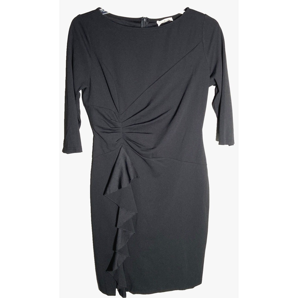 AISIZE Womens XL Sheath Dress Black Ruched 3/4 Sleeve Knee Length Bodycon Work - Picture 2 of 9
